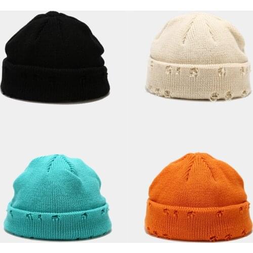 Autumn Winter Crimp Beanie Hat For Women Warm Streetwear Hip Hop Hole Knitted Brimless Hat Cover Head Mens Beanie Solid Bonnet