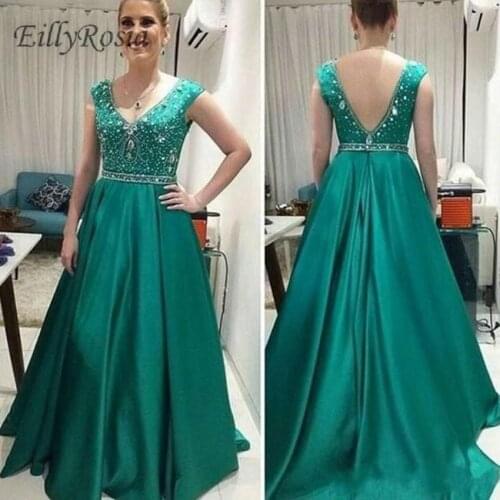 Green Elegant Mother of the Bride Dresses for Wedding Party V-Neck Backless Sequins Crystals A Line Satin Women Evening Gowns
