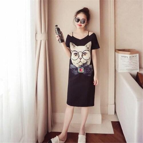 Summer Women Plus Size Casual Expose Shoulder Dress Girl Cute Cat GLass Printing Female Loose V-Neck Short Sleeve Stripe Dress