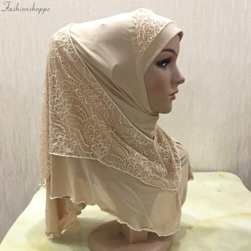Muslim Women Instand Hijab With Lace Headscarf Ready To Wear Headwraps Double Layer Hijabs Femme Musuman Full Cover Underscarf