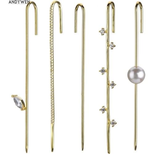 ANDYWEN 925 Sterling Silver Gold Long Thread Ear Pin Cuffs Earring 2019 Luxury Zircon Crystal CZ Pave Jewelry Women Accessory
