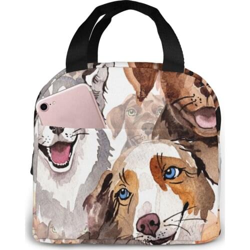Dog Wild Animal Watercolor Pattern Cooler Bag Portable Zipper Thermal Lunch Bag Convenient Lunch Box Tote Food Bag