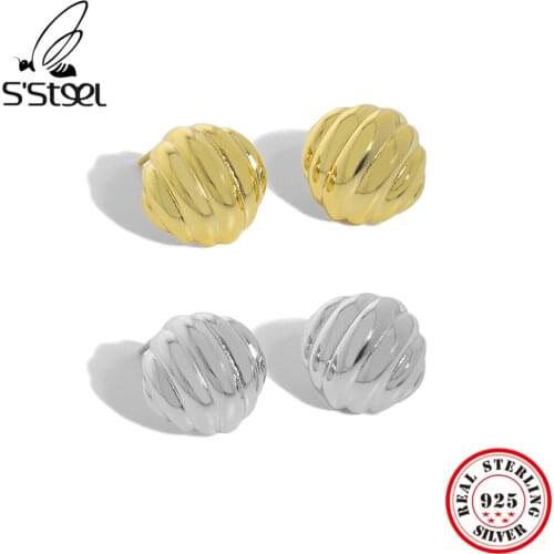 SSTEEL Korean Design Minimalist Geometric Round Stripe 925 Sterling Silver Stud Earrings For Womens Accessories Punk Jewelry