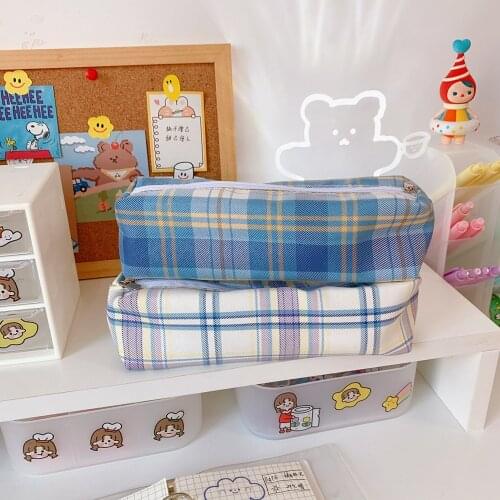 Korean Large Capacity Cute Lattice Pencil Bag School Simple Canvas Pencilcase Stationery Storage Bag Pencil Pouch Organizer