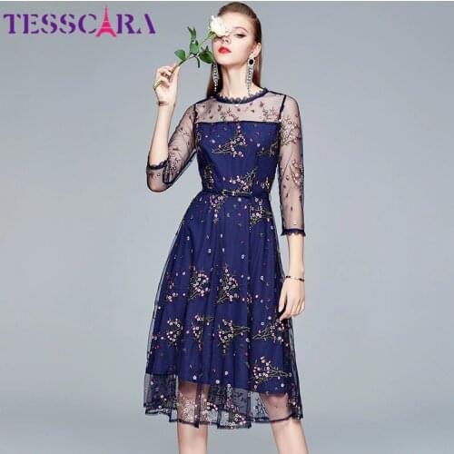 TESSCARA Women Luxury Embroidery Mesh Dress Festa High Quality Elegant Wedding Party Robe Femme Vintage Designer Floral Vestidos