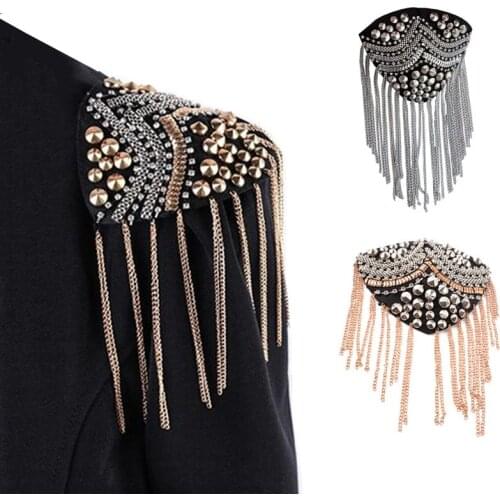 2pcs/pair Vintage Rivet Rhinestone Tassel Epaulet Brooch Handmade Clothes Decor for Women Men Fashion Shoulder Jewelry Epaulette