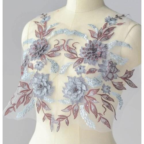 High Quality Colorful Bead Rhinestone Stereo lace applique DIY wedding dress applique lace accessories in one pair