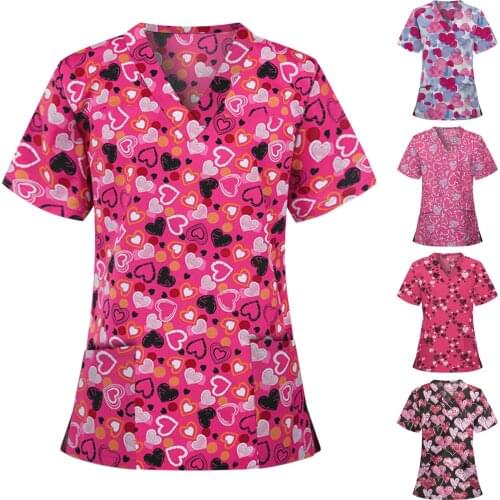 Nurse Uniform Scrubs Women Short Sleeve V-neck Tops Working Uniform Blouse Pocket Overalls Nurse Accessories Valentine Gift q5