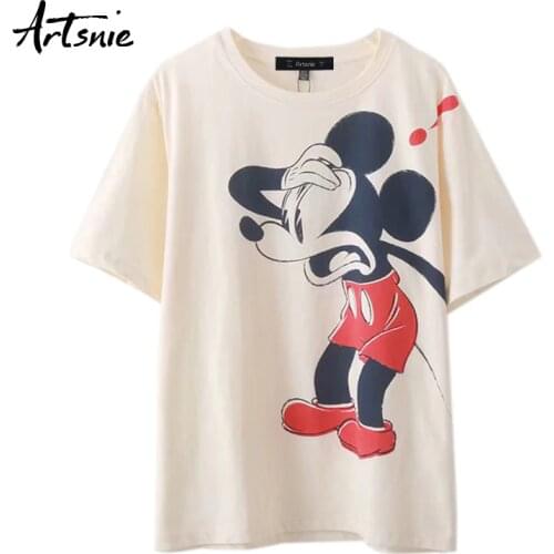 Artsnie cartoon print women t shirt summer 2020 beige casual o neck short sleeve tops female streetwear knitted t-shirt mujer