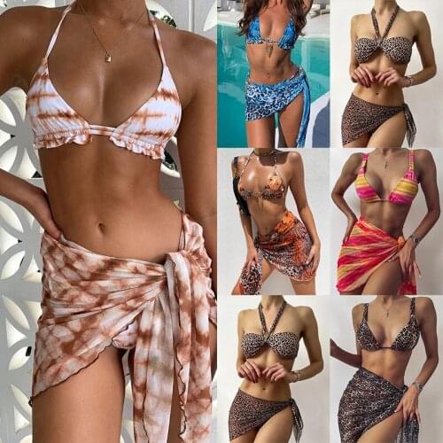 Swimsuit for women 2021 new Euro American bikini three piece leopard skirt swimsuit sexy suit