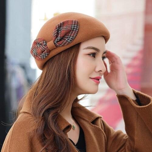H7688 Women Beret Cap Autumn Winter Retro Wool Hat Female Warm Bowknot High Quality Fashion Elegant Party Church Simple Hats