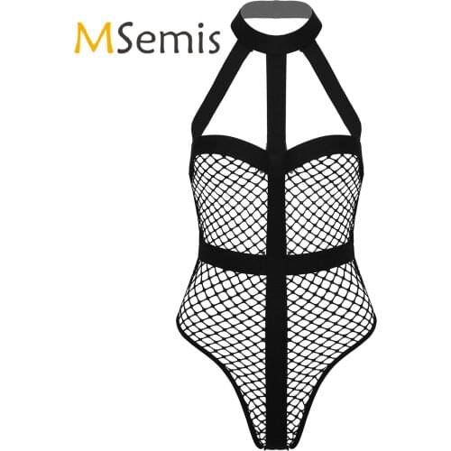 Women Sexy Lingerie Leotard Bodysuit See-through Halter Neck Hollow Out Fishnet Strappy Backless Jumpsuit Sleeveless Clubwear