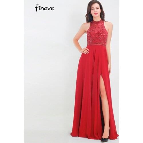 Finove Prom Dress 2020 Long Chic Cut Out Side Split Beaded Chiffon Sleeveless Floor Length Party Woman Dress vestido de fiesta