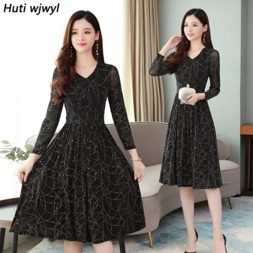 2020 Femal Vintage Black Print Beach Midi Dress Autumn Winter Solid Sexy Long Sleeve Dress Elegant Women Bodycon Party Vestidos