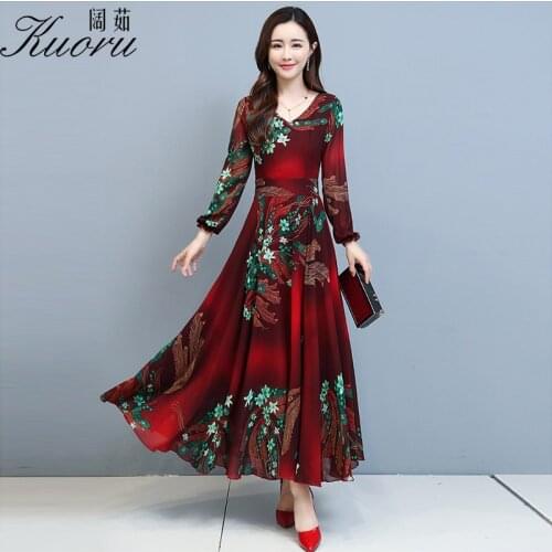 Autumn Size 4XL Women Midi Dress V Neck Vintage Floral Robe Blue Casual Chiffon Spring Evening Dresses Red Long Sleeve Vestidos