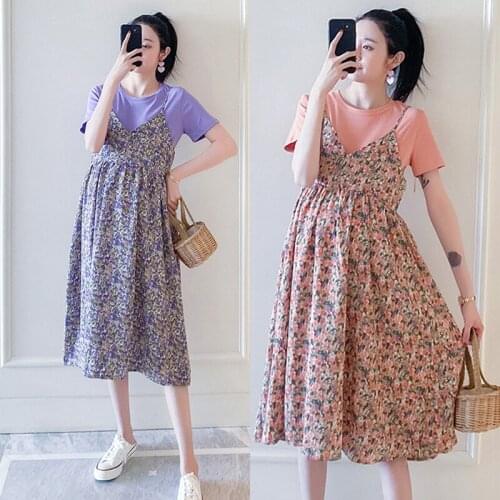 1097# T shirt + Dress Maternity Clothes fashion Loose Stylish floral Short Sleeves Dress for Pregnant Women Mom Dress
