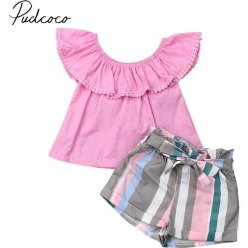 2019 Baby Summer Clothing Fashion Toddler Baby Girl Kid Clothes Sets Off Shoulder Tops Colorful Striped Pants Outfits Set 1-6Y