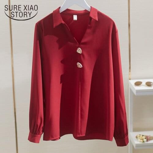 2021 Spring Red Tops Blusas Mujer V-neck Chiffon Shirt Women Plus Size Lantern Sleeve Pullover Blouse Women Long Sleeve 8921 50