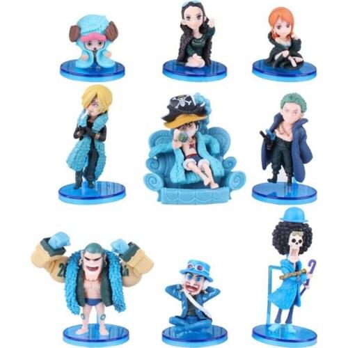 9pcs/set Anime One Piece Nami Luffy Zoro Brook Sanji Robin Chopper Action Figure Blue 20th Anniversary Q Version Mini PVC Model