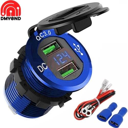 Aluminum Dual QC3.0 USB Car Charger Socket Power Outlet with Digital Voltmeter Quick Charge QC3.0 Fast Car USB Charger For Phone