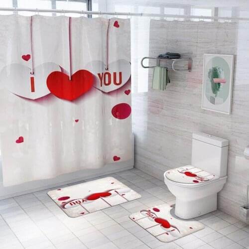 I Love You White Valentine Shower Curtains Bathroom Curtain Set Anti Slip Pedestal Rug Lid Toilet Cover Bath Mat Set with Hooks