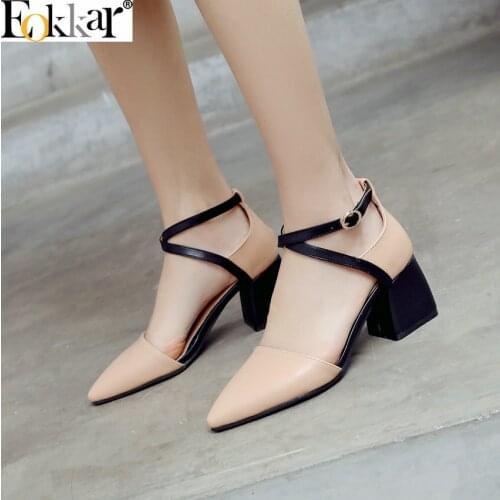 Eokkar 2019 Ladies Chunky Heels Mary Janes Pumps Sandals Shoes PU Leather Buckle Strap Closed Toe Shoes Women Plus Size 34-45
