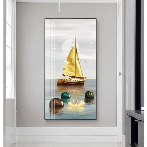 Canvas Painting Golden Sailing Boat Sea Wall Art Print Nordic Poster Landscape Chic Wall Drawing Ornament For Cafe Bedroom Shop