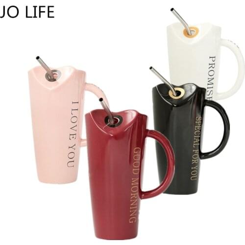 JO LIFE Heart Shaped Ceramic Mark Cup With Stainless Steel Straw Coffee Milk Cup For Office Home Bar School Romantic Gift