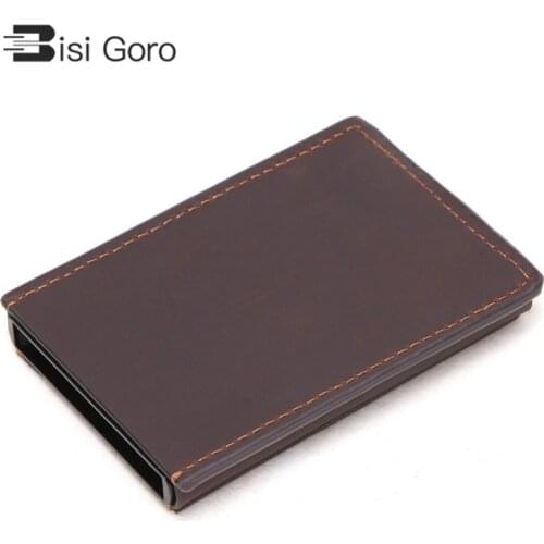 BISI GORO RFID Blocking Auto Pop-up Aluminum Card Case Men and Women Credit Card Holder Vintage Genuine Leather Card Wallet