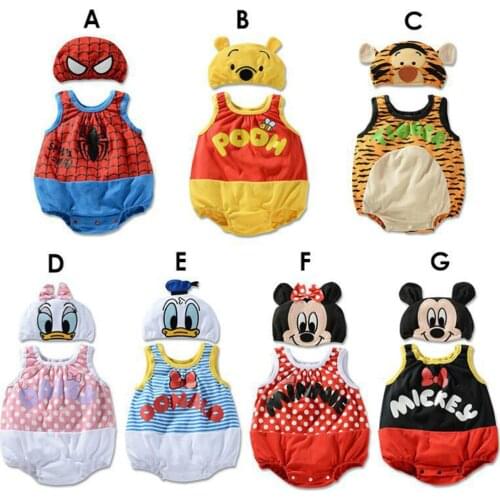 Summer Baby Boy Girl Rompers Newborn Rompers+Hats 2 PCS Set Cartoon Mickey Minnie Pooh Infant Bebe Cotton Jumpsuits Clothing Set