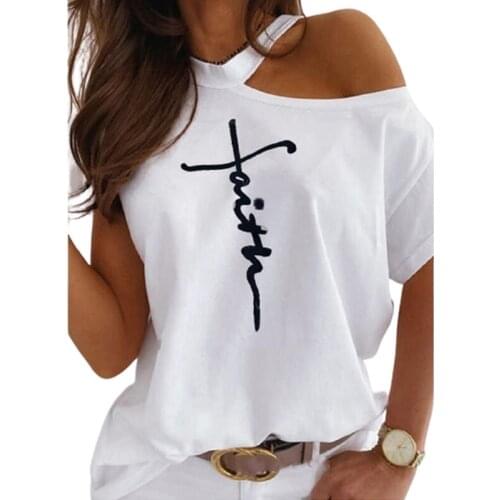 Summer Sexy Off Shoulder Womens Fashion Tops Letter Printed O Neck Short Sleeve Funny T Shirt Loose Casual Cotton Pullovers