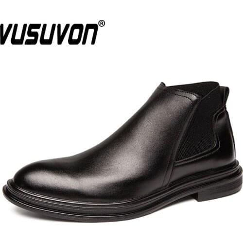 Men Chelsea Boots Spring Vintage Genuine Leather Ankle Round Toe Rubber Sole Black Sewing Outdoor Wedding Slip-On Shoes