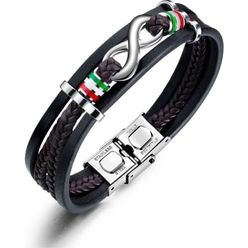 Punk Infinite sign Multilayer Black Weaved Leather Bracelet Bangle For Men Stainless Steel Wristbands Jewelry Drop Shipping