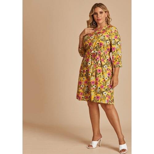 XL To 4XL Plus Size Dresses V-neck Floral Printed Lace-up High Waist Three Quarter Sleeve Mini Party Dress for Women T9547