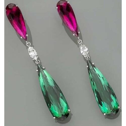 Luxury Purple Green Teardrop Zircon Earrings Fashion Wedding Jewelry Long Piecered Crystal Stone Earring For Women Wholesale