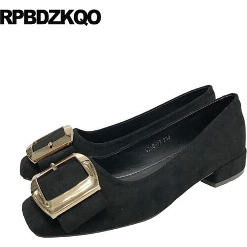 Pumps luxury genuine leather chunky thick metal red black block sheepskin shoes women modern square toe low heels 2019 suede