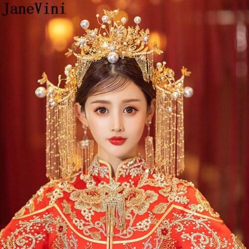 JaneVini Luxury Gold Crystal Bridal Headband Chinese Style Traditional Hairpin Big Pearls Bride Wedding Hair Accesories Women