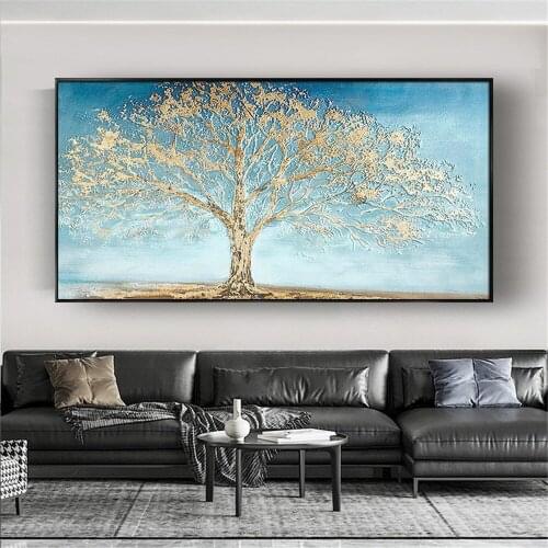 Handmade Modern Abstract Landscape Oil Paintings On Canvas Wall Art Golden Tree Pictures For Living Room Christmas Home Decor