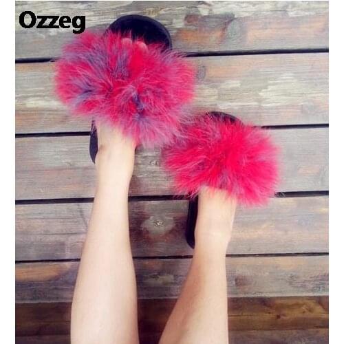 Ostrich Feather Slippers Women With Fur Winter Warm Home Sweet Flat 2020 Soft House Hair Platform Autumn Cotton Plush Pantufa 93