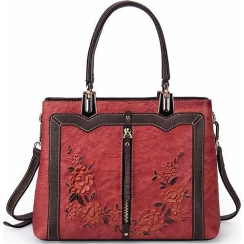 Large Capacity Shoulder Bag for Women Genuine Leather Handbag Retro Flower Enbossed Designer Crossbody Bag Female Top Handle Bag