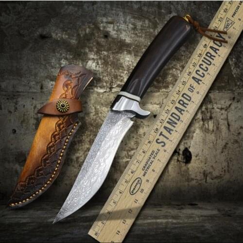 High Quality Damascus steel outdoor tactics straight knife black hilt straight edge hunting knife north American knife EDC tools