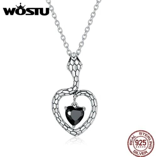 WOSTU 925 Sterling Silver Creative Snake Necklace Black Zircon Long Chain Link Necklace For Women Fine Jewelry CTN233