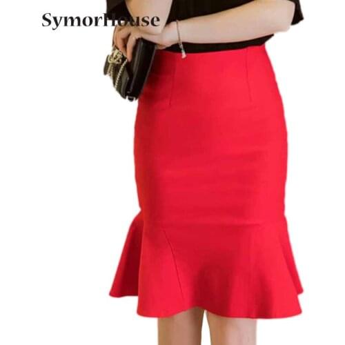 Plus Size S-5XL Women Black Mermaid Skirt Fashion OL Slim Bodycon Skirt Business Wear Ladies Office Ruffles Skirt Red