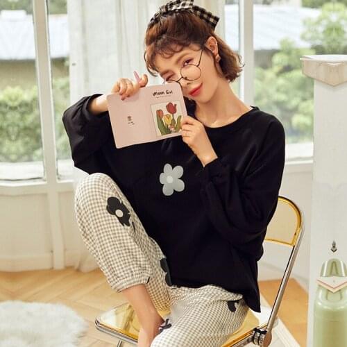 Womens Casual Clothes New Autumn Winter Pyjamas Set Print 100% Cotton Sleepwear Female Pajamas Loose Student Suit Pijama Mujer