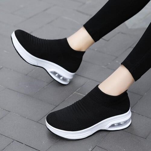 2021 Spring Fretwork Socks Sneaker Women Slip-on Wedges Pumps Shoes Autumn Female Comfortable Breathable Cable Knit Shoes 35-42
