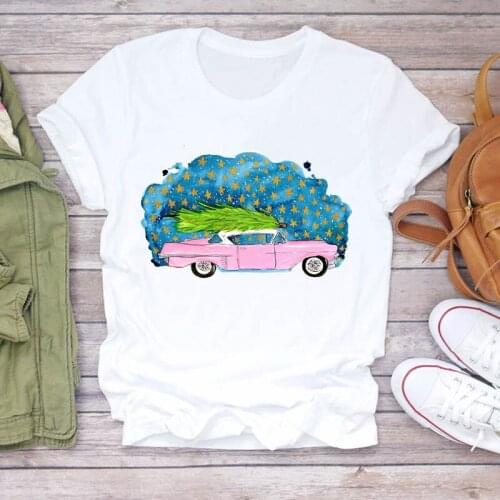 Women Cute Cartoon Car Print Tshirts Girl New Year Merry Christmas Clothes Female Graphic Tops Ladies Short Sleeve Tee Shirt