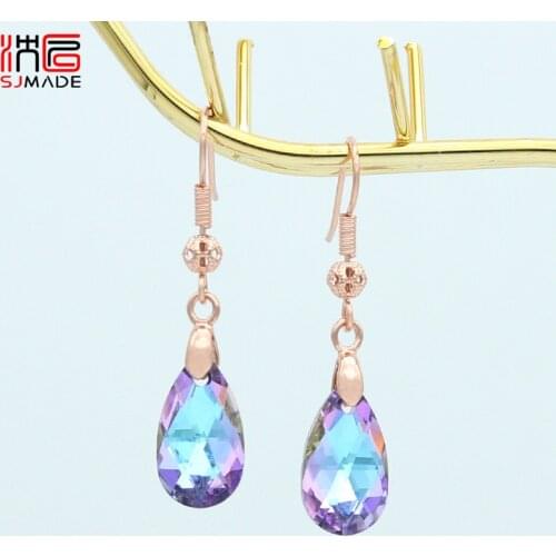 SJMADE Korean Fashion Elegant Temperament Colorful Water Drop Crystal Dangle Earrings 585 Rose Gold Ear Hook For Women Jewelry