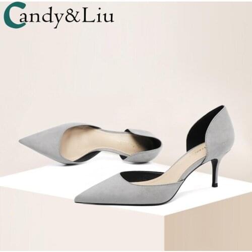 Women Sandals Suede Light-colored 8cm Heels Female 2021 Summer Sexy Commute Gray Suede Tip Thin 6cm Heels Office Lady Pumps