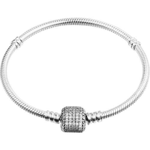 100% 925 Sterling Silver Signature Clasp Bracelet Clear CZ Moments Snake Chain Bracelets for Women DIY Charms Jewelry Making