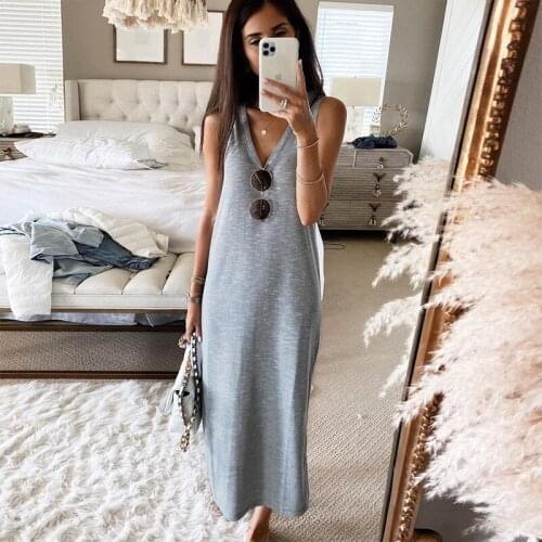 2021 New Women Summer Loose Dress Adults Sleeveless Solid Color V-Neck One-piece Long Midi Dress Ladies Casual Holiday Sundress